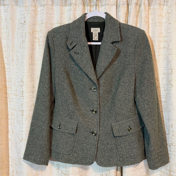 LL Bean Women's Medium Petite‎ Green Gray Wool Silk Blend Sports Coat Button Up - Picture 1 of 4